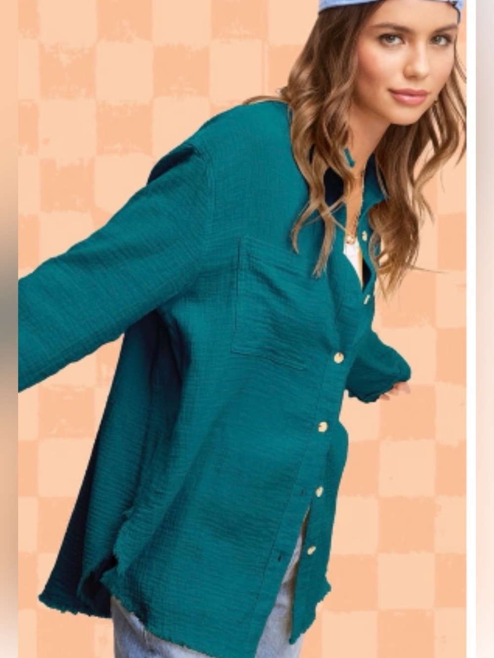 LA MIEL Teal Button-Down Oversized Shirt Jacket